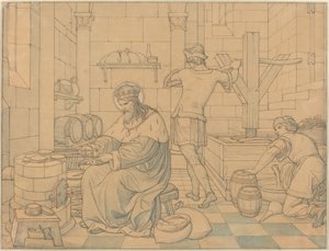 Saint Wenzel Cooking Hosts as Two Youths Press Wine af Edward Jakob von Steinle