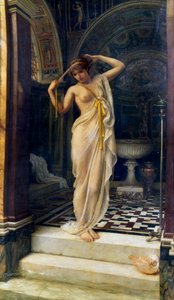 "Diadumene" Ung nøgen kvinde binder sit bind for øjnene i et bad i antik stil. Maleri af Edward John Poynter (1836-1919) (klassicisme) 1893 af Edward John Poynter