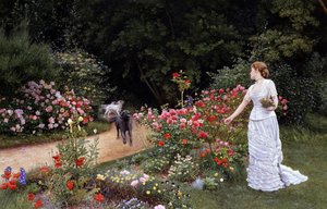 Ankomsten 1878. En elegant kvinde i en hvid kjole plukker blomster (roser) i en have. I nærheden af hende kommer (arrivee) hundene, som signalerer, at der kommer en person. Maleri af Edward Killingworth Johnson (1825-1896, britisk). Prerafaelisme