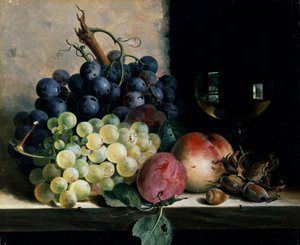 Stilleben med frugt og et glas vin. Maleri af Edward Ladell (1821-1886) Privat samling.