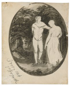 Et par i et skovklædt landskab sat i en oval (verso), ca. 1838-1848 (blæk og vask på lagt papir) af Edward Lear