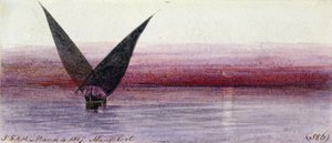En egyptisk båd på Nilen i Manfaloot (Egypten). Farvet akvareltegning af Edward Lear
