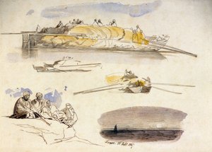 Fem skitser af Luxor (Egypten), tre billeder af en husbåd lastet med halm, en skitse af fem siddende egyptere og et landskab i skumringen. af Edward Lear