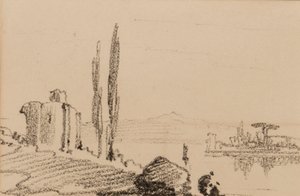 Italiensk capriccio, ca. 1837 (sort kridt på papir) af Edward Lear