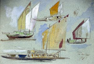 Studier af venetianske både for fulde sejl. Koloreret akvareltegning af Edward Lear (1812-1888). af Edward Lear