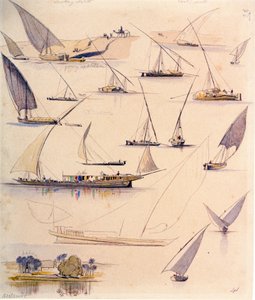 Studier af forskellige egyptiske både. Farvet akvareltegning af Edward Lear