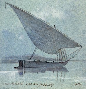 Studie af en gyasi (egyptisk båd) nær Malatieh (eller Malatia, Egypten). Farvet akvareltegning af Edward Lear