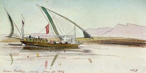 Studie af gyassi (egyptisk båd) på Nilen nær Ballas (Egypten). Farvet akvareltegning af Edward Lear