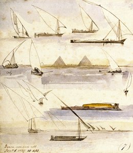 Studie af forskellige egyptiske både (Dahabeeyahs og Gyassis) med en scene foran pyramiderne i Giza (Cairo) midt på siden. af Edward Lear