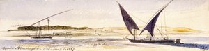 Nilens udstrækning og dens bredder med to traditionelle egyptiske både, bl.a. en Dahabeeya. Farvet akvareltegning af Edward Lear