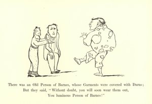 Der var en gammel mand fra Barnes, hvis klæder var dækket af garn. af Edward Lear