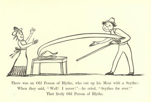 Der var en gammel mand fra Blythe, som skar sit kød op med en le af Edward Lear