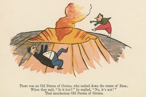 Der var en gammel person fra Gretna, som styrtede ned i Etnas krater, fra "A Book of Nonsense", udgivet af Frederick Warne and Co. i London, ca. 1875. af Edward Lear