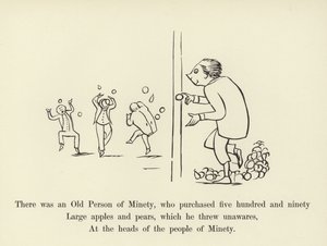 Der var en gammel minitetsmand, som købte fem hundrede og halvfems store æbler og pærer af Edward Lear