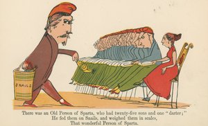 Der var en gammel person fra Sparta, som havde femogtyve sønner og en "darter", fra "A Book of Nonsense", udgivet af Frederick Warne and Co., London, ca. 1875.