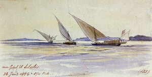 Tre traditionelle egyptiske transportskibe, der sejler på Nilen, nær Gebel el-Silsila eller Gebel Silsileh (Egypten) af Edward Lear