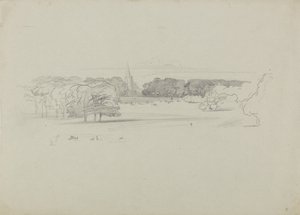 Udsigt over en eng mod en kirke af Edward Lear