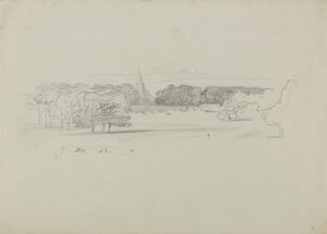 Udsigt over en eng til en kirke af Edward Lear