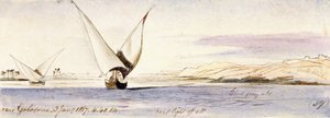 Udsigt over Nilen nær Golosona (Egypten) med en traditionel egyptisk båd, der sejler. Farvet akvareltegning af Edward Lear