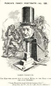 Punch tegnefilm: James Nasmyth, skotsk ingeniør og opfinder af damphammeren (gravering) af Edward Linley (after) Sambourne