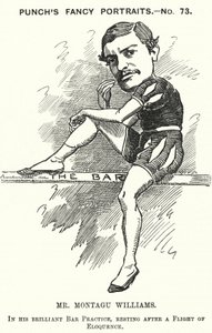 Punch tegneserie: Montagu Williams, engelsk lærer, soldat, skuespiller, dramatiker, advokat og dommer (gravering)
