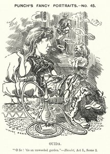 Punch tegnefilm: Ouida (Maria Louise Rame), engelsk forfatter (gravering) af Edward Linley (after) Sambourne