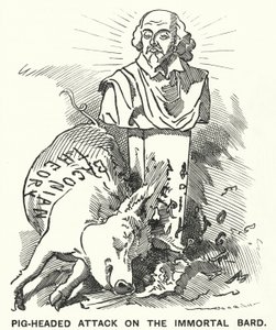 Punch tegneserie: Pig-headed Attack on the Immortal Bard - teorien om, at William Shakespeares skuespil faktisk blev skrevet af Sir Francis Bacon (gravering)