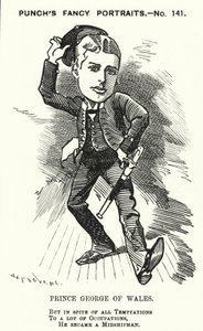 Punch tegneserie: Prins George af Wales, den fremtidige kong George V, som midtskibsmand i Royal Navy (gravering) af Edward Linley (after) Sambourne