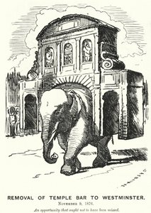 Punch tegneserie: Fjernelse af Temple Bar til Westminster (gravering) af Edward Linley (after) Sambourne