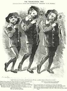 Punch tegnefilm: The Troublesome Trio: Lord Randolph Churchill, Henry Drummond Wolff og Ellis Ashmead-Bartlett, britiske konservative politikere (gravering) af Edward Linley (after) Sambourne
