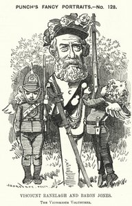 Punch tegneserie: Thomas Heron Jones, 7. Viscount Ranelagh og Baron Jones af Navan, promotor for den frivillige bevægelse for den britiske hær (gravering) af Edward Linley (after) Sambourne