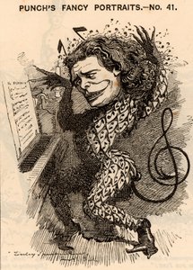 ""Anton Rubinstein (1829-1894) russisk pianist, komponist og dirigent, grundlægger af Sankt Petersborgs konservatorium. I London-koncertsæsonen 1881 tjente han i omegnen af £10.000. En af hans kompositioner var en opera ""Demon"" (1875). Tegnefilm af Edwa