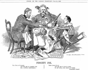 koalitionsregering. Hertugen af Devonshire og Arthur Balfour (i midten) forsøger at kontrollere Joseph Chamberlain, leder af juniorpartiet i koalition. I september 1903 trådte han tilbage for at være fri til at gå ind for sine toldreformer. Tegnefilm af Ed