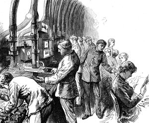Gravering af den pneumatiske forsendelse, som General Post Office brugte til at transportere pakker under London. Edward Linley Sambourne (1844-1910), en engelsk tegneserieskaber og illustrator. Dateret 1800-tallet ©UIG/Leemage af Edward Linley Sambourne
