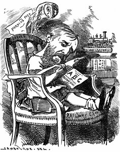 Evelyn Ashley (1836-1907) engelsk forfatter og liberal politiker: søn af 7. jarl af Shaftesbury. Tegnefilm af Edward Linley Sambourne i Fancy Portraits-serien fra Punch London april 1881, da Ashley var undersekretær i Board of Trade. af Edward Linley Sambourne