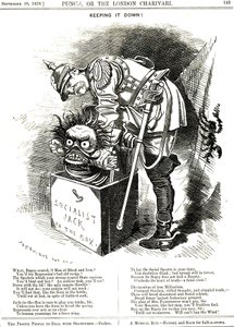 Holder det nede. Otto von Bismarck (1815-1898) Tysklands kansler, der forsøger at tvinge socialismens Jack tilbage i sin boks. Billedteksterne fortæller ham, at enhver undertrykkelseshandling er en eliksir til det menneskelige ønske om mere frihed. Tegnefi