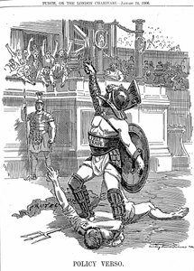 Med tilbagevenden af den liberale regering i Storbritannien, december 1905, var frihandel politikken snarere end den konservative politik for beskyttelse af told. Tegneserie af Edward Linley Sambourne fra Punch London 24. januar 1906 af Edward Linley Sambourne