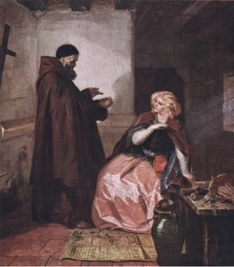 Juliet og broder Laurence (Romeo og Julie) Tag glasset, mens du så er i sengen, og tag denne destillerede spiritusdrik af, fra pubben The Complete Works of William Shakespeare af J Coker & Co Ltd (c.