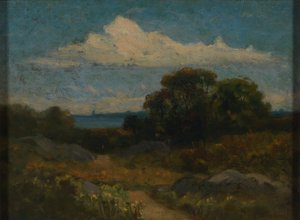 Landskab (træer og klipper ved søen) af Edward Mitchell Bannister