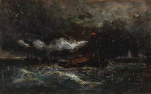 Squall, Brenton Let båd i storm, fyrtårn i baggrunden, n.d.