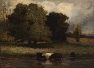 Uden titel (Fire køer vader i en dam) af Edward Mitchell Bannister