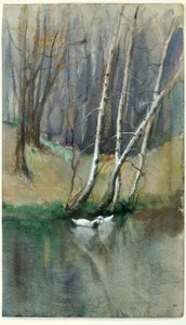 Uden titel (skovbillede med birketræer og ænder) af Edward Mitchell Bannister
