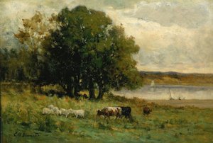 Uden titel (kvæg ved floden med sejlbåd i det fjerne) af Edward Mitchell Bannister