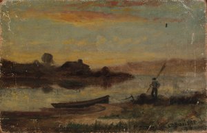 Uden titel (landskab, båd fortøjet ved bredden med gående mand) af Edward Mitchell Bannister
