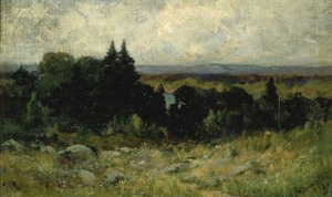Uden titel (landskab, marker med sten og træer) af Edward Mitchell Bannister