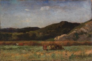 Uden titel (landskab med græssende køer, bakker) af Edward Mitchell Bannister