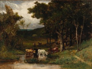 Uden titel (landskab med køer i vandløb nær træer) af Edward Mitchell Bannister