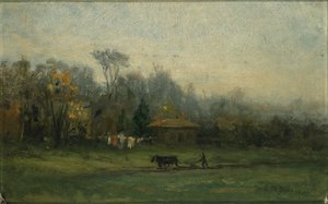 Uden titel (landskab med mand, der pløjer marker) af Edward Mitchell Bannister