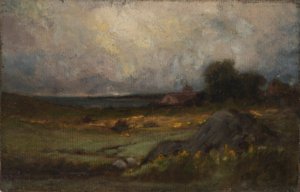Uden titel (landskab med klippe i forgrunden og tag med kirketårn, sø i baggrunden) af Edward Mitchell Bannister