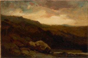Uden titel (bjerglandskab med klippe og vandløb i forgrunden) af Edward Mitchell Bannister